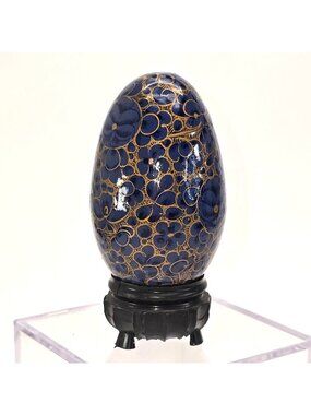 Hand-Painted Floral Wooden Egg Blue and Gold Asian Art With Black Stand je215